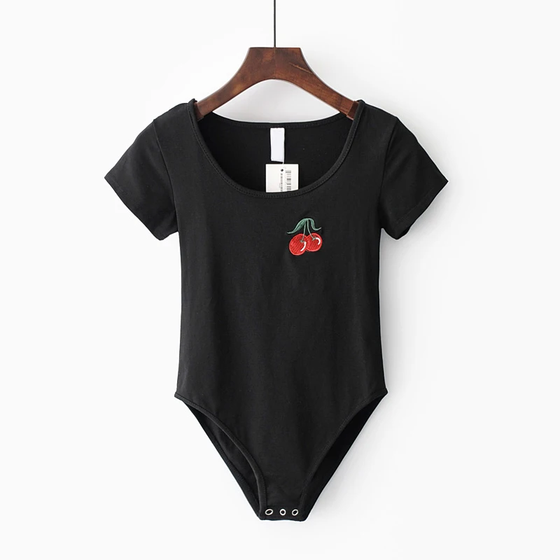Women Short Sleeve Bodysuit with Embroidery cherry