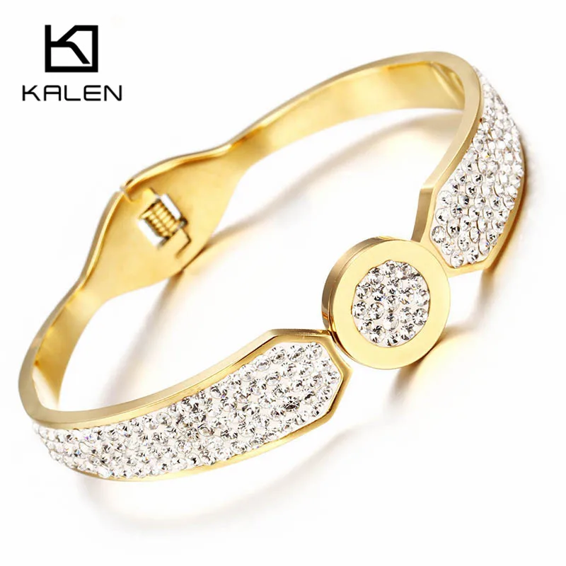 Kalen Completa Rhinestone Oval Pulseira Bangle Jóias Para As Mulheres Das Senhoras Da Menina Cor de Ouro Requintado Presente de Aniversário Cuff Pulsera KB66068