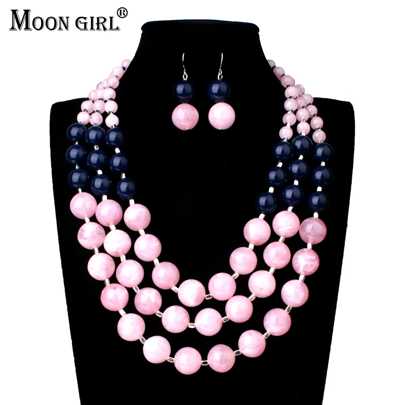 

MOON GIRL Pink Resin Beads Boho Jewelry Sets For Women Party Nigerian Statement Necklace Fashion African beads jewelry set