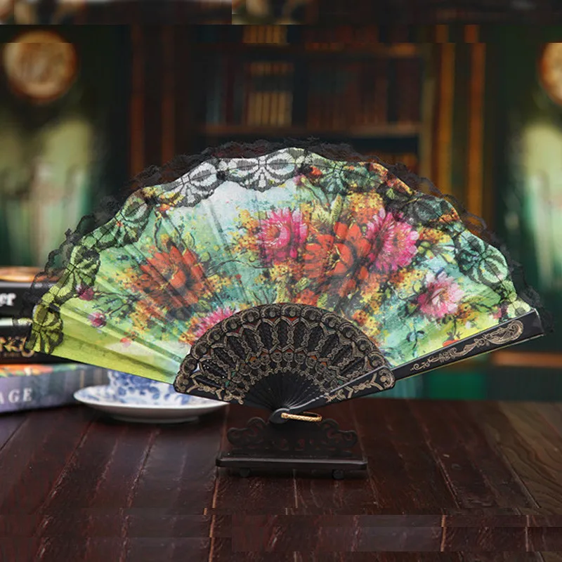 

New 1Pc Chinese Style Lace Hand Held Folding Fan Dance Party Wedding Decor Folding Hand Held plastic bone cloth fanC522