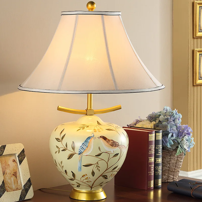 

High End Hand Painted Creative Chinese Ceramic Fabric E27 Dimmiable Table Lamp For Wedding Decor Living Room Bedroom 1740