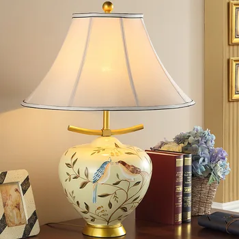 

High End Hand Painted Creative Chinese Ceramic Fabric E27 Dimmiable Table Lamp For Wedding Decor Living Room Bedroom 1740