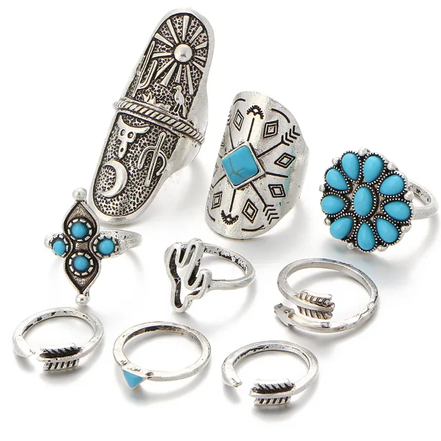 9 PZ Vintage Boemia Beach Donne Ring Stile Etnico Argento Antico Anelli Midi di 9 PZ Vintage Boemia Beach Donne Ring Stile Etnico Argento Antico Anelli Midi di