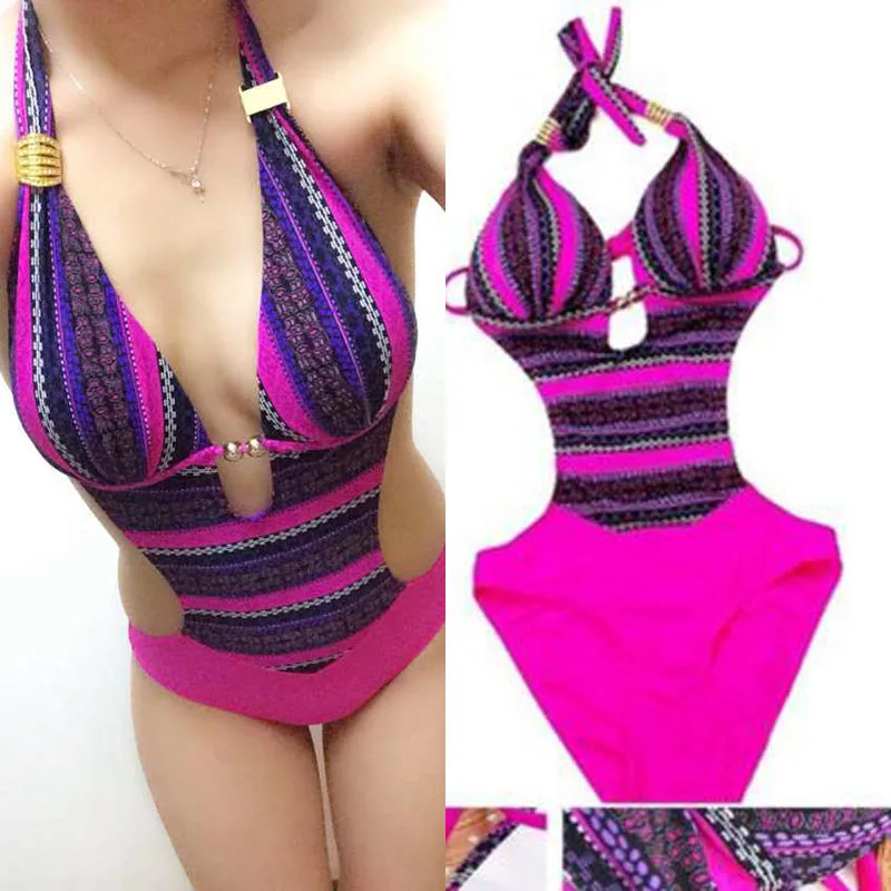 

Sexy Women Bohemia one-piece swimsuit One Piece Rose Pink Pinup Vintage Bohemia Padded Bikini Swimwear Monokini