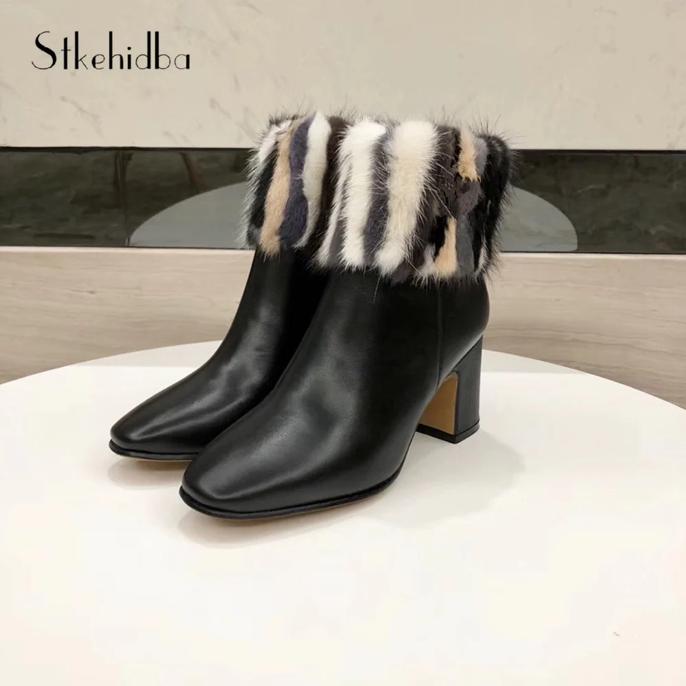 Stkehidba Top Quality Women's Boots Genuine Leather High heeled Women's Shoes Winter Warm Fur