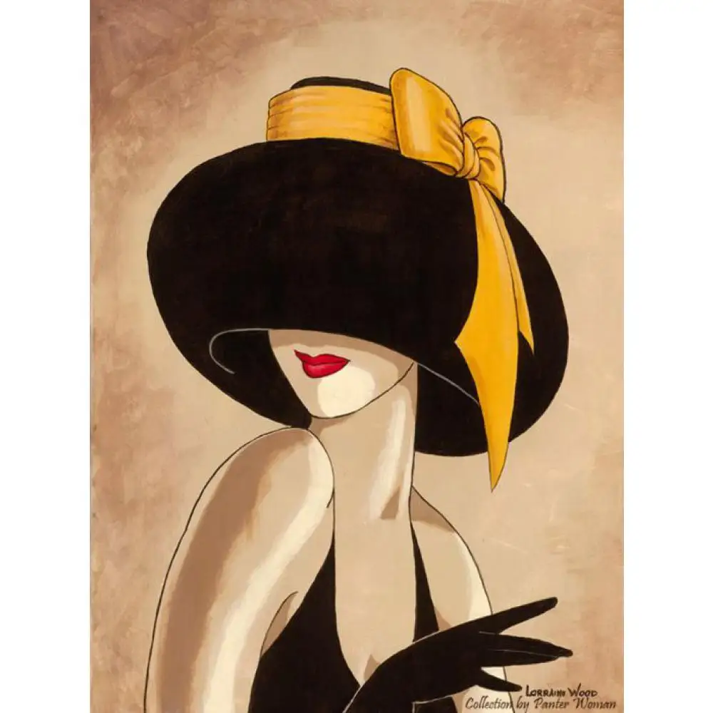 

Hand painted abstract oil Paintings woman in black yellow hat modern art lady beautiful artwork for wall decor