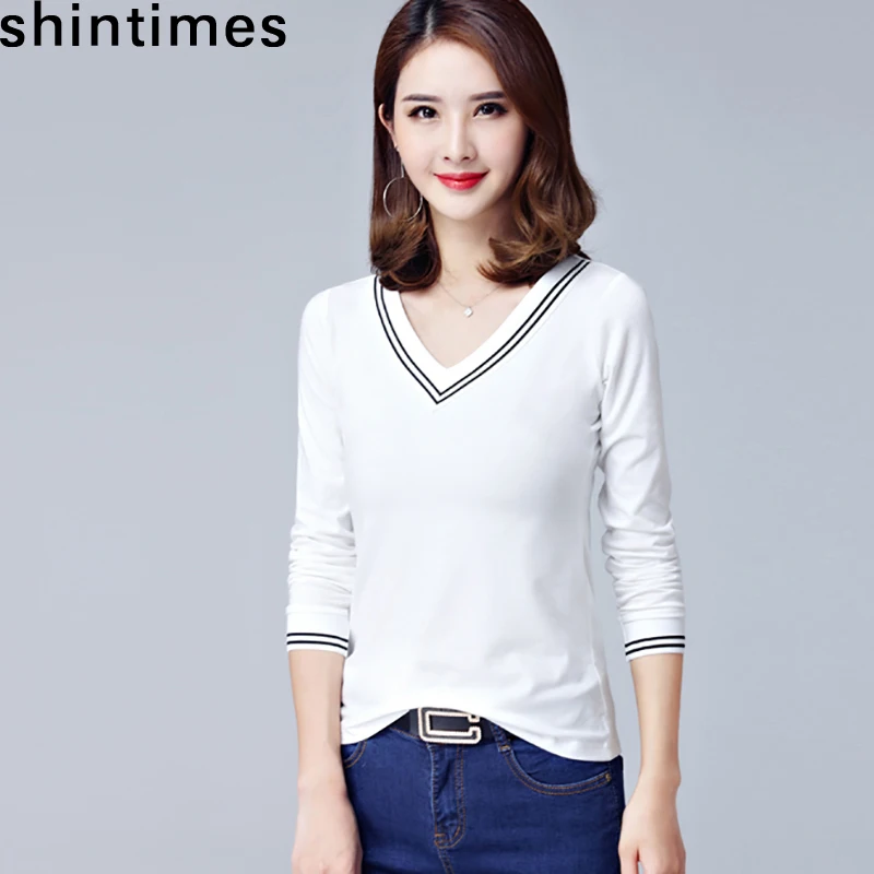 

shintimes Vintage Tshirt Black White Long Sleeve Shirt Women Cotton V-Neck Clothes 2019 T-Shirt Camiseta Mujer Tee Shirt Femme