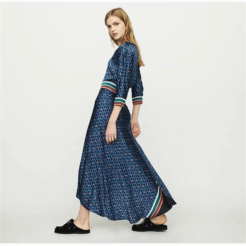 

Women Dress 2019 Retro Geometric Print V-neck Multicolored Color Matching Waist Split maxi Dress