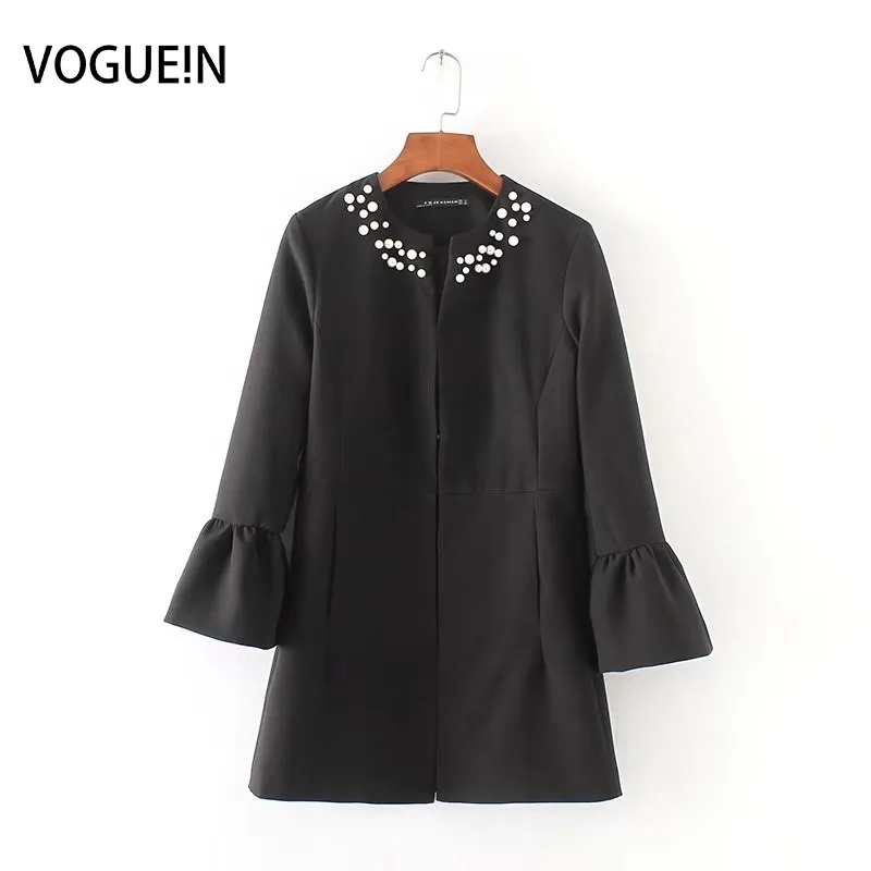 Женское длинное пальто VOGUEIN Черное с жемчужинами Размер SML оптовая продажа|jacket