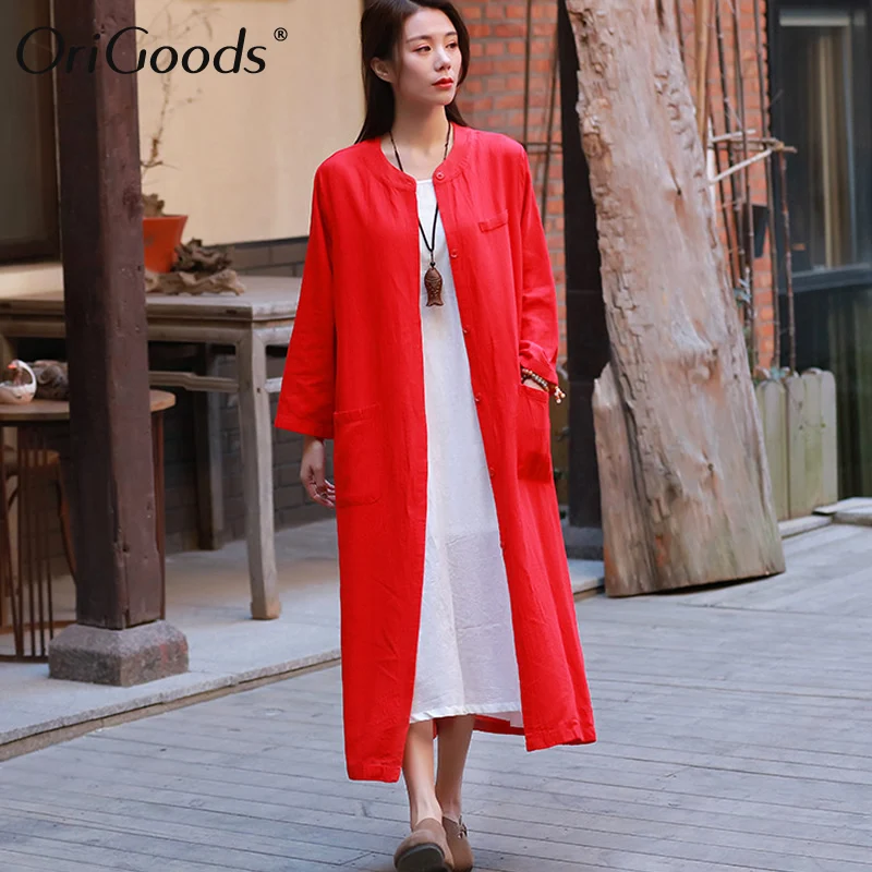 

OriGoods Linen Long Blouse Shirt Women Long sleeve Summer Long Shirt Solid Red Yellow Casual Shirt 2019 New Blouse Tops C202