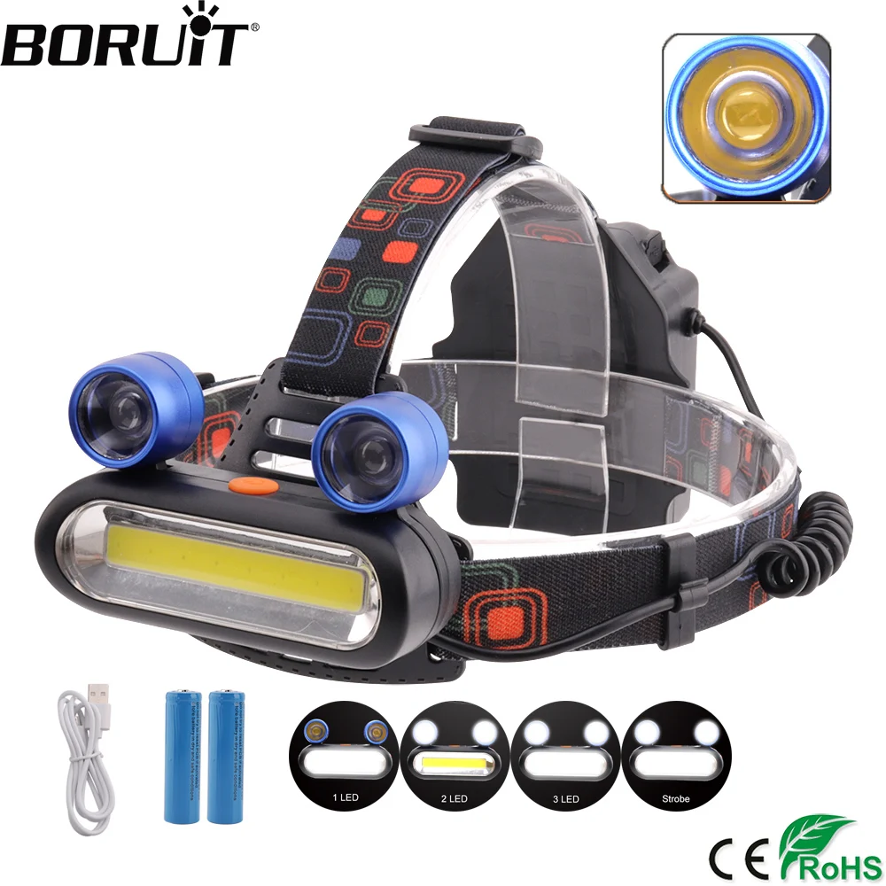 

BORUiT XQ-168 COB LTS LED Headlamp 4-Mode Waterproof Headlight USB Charger Head Torch Camping Fishing Flashlight 18650 Battery