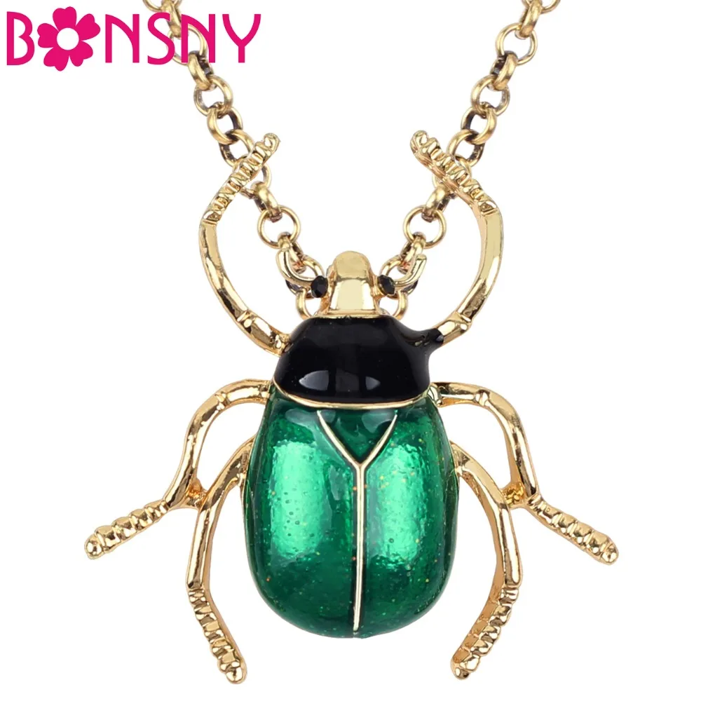 Bonsny Metal Alloy Enamel Beetle Insect Necklace Pendant Chain Choker