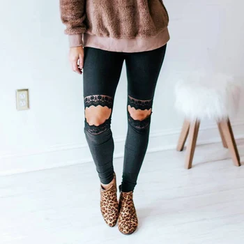 

Women Casual Pants Slim Fit Knee Lace Open Chic Solid Color Pants for Summer HSJ88