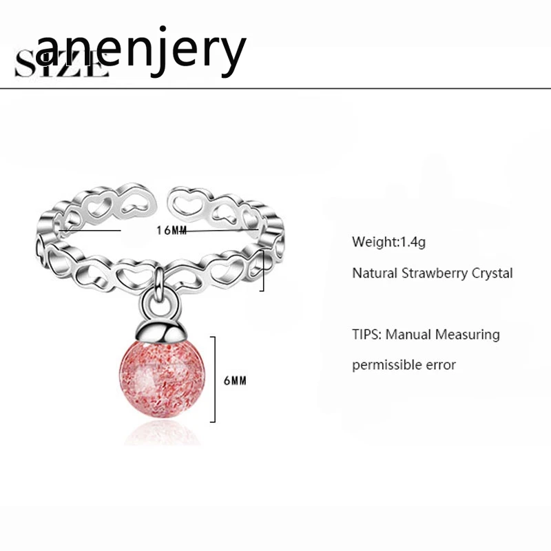 Anenjery сладкий натуральный клубника кристалл в форме сердца 925 пробы серебряные кольца для женщин подарок 16 мм регулируемый Bague S-R395