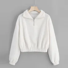 turndown collar women sweatshirt casual quarter zip elastic hem teddy sweatshirt top blouse 2019 autumn long sleeve white #Ger turndown collar women sweatshirt casual quarter zip elastic hem teddy sweatshirt top blouse 2019 autumn long sleeve white #Ger