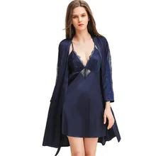 Летняя женская сексуальная одежда для сна 2 шт. кружевные шелковые халаты Ночная рубашка, атлас тканевые пижамы набор camisola de dormir женская ночная рубашка