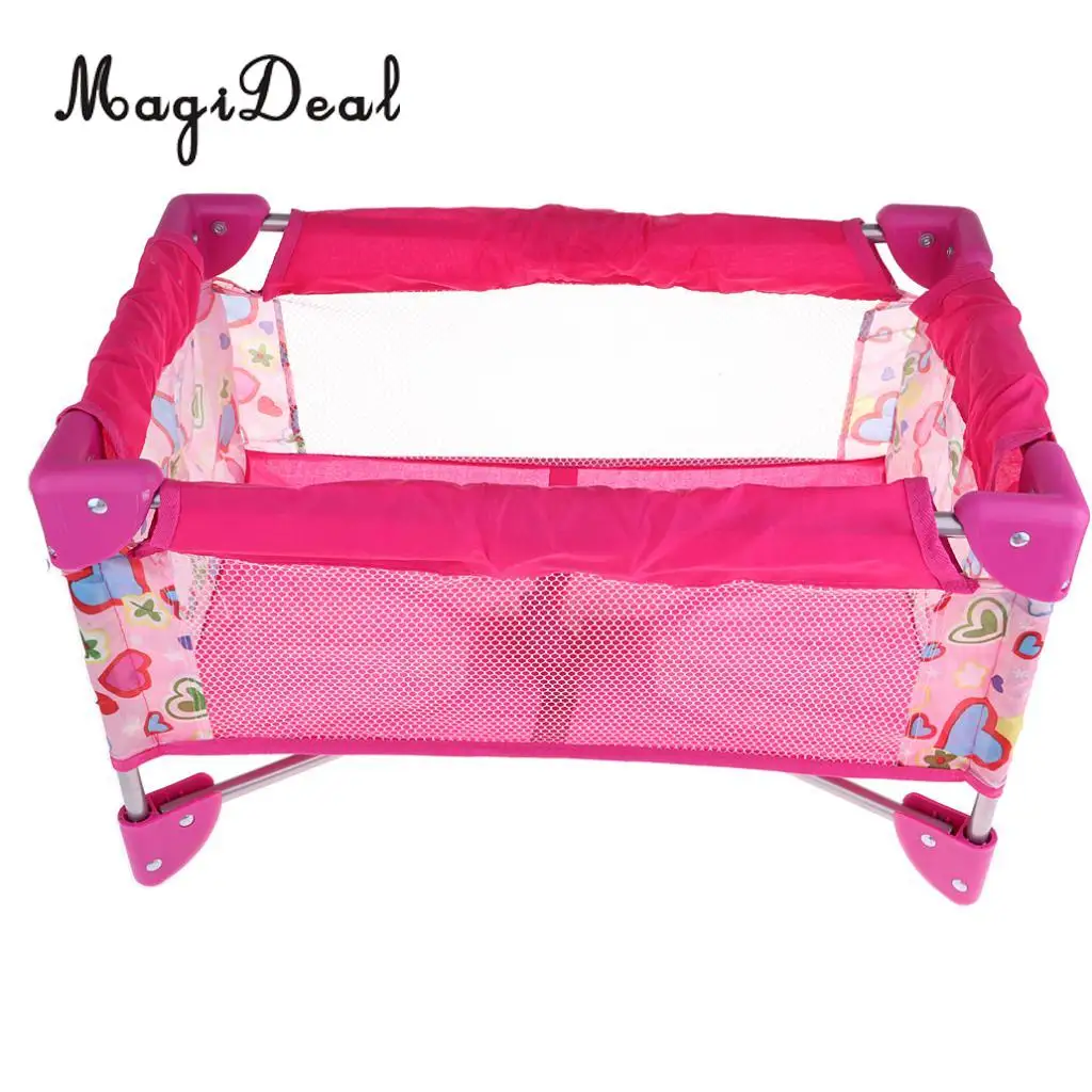 Simulation Baby Dolls Crib Bed with Carry Bag Kids Pretend Toys For Nursery Room Furniture Decoration Pink