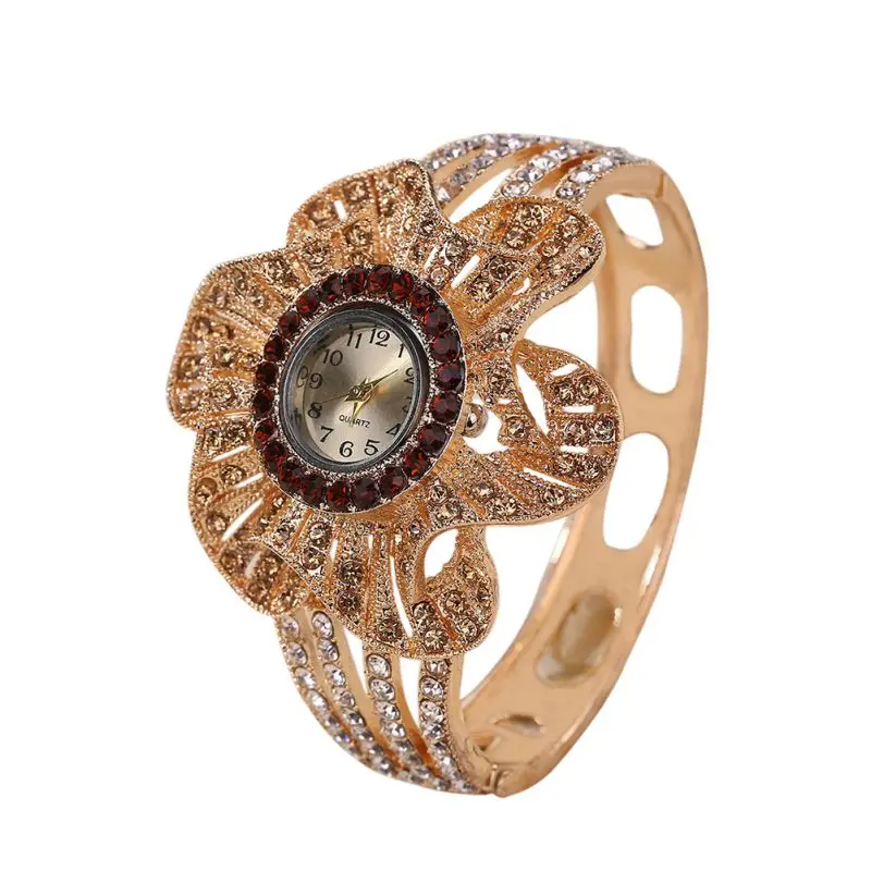 

Fashion Trend Large Disk Craft Bracelet Watch Personality Rhinestone Alloy Ladies Watch Flower-Shaped