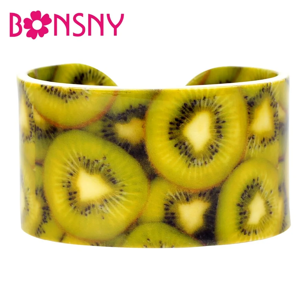 

Bonsny Acrylic Kiwi Fruit Berry Pattern Bangles Bracelets Fashion Indian Craft Summer Jewelry For Women Girl Accessory Bulk Gift