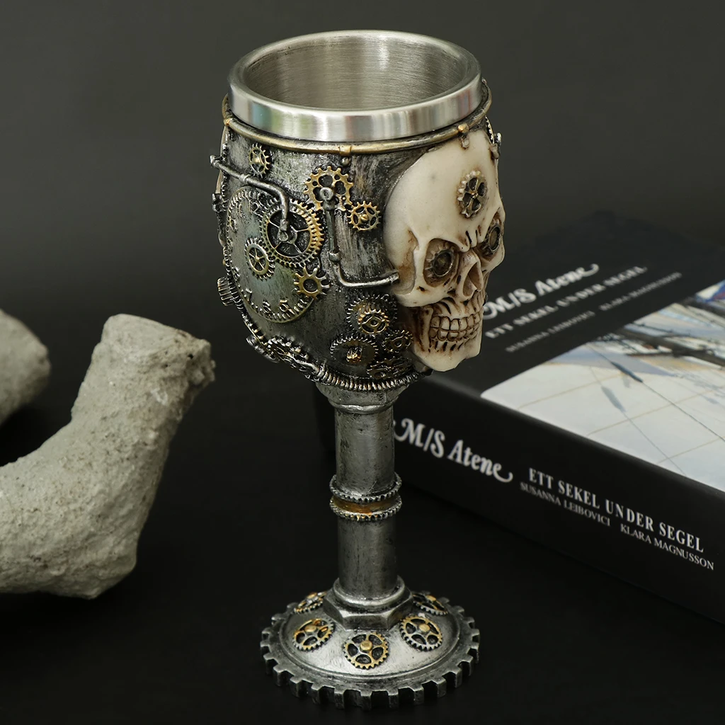 3D Gothic Skull Cup Stainless Steel Resin Skeleton Design for Bar Party Home Wine Goblet Cups Decor Crafts