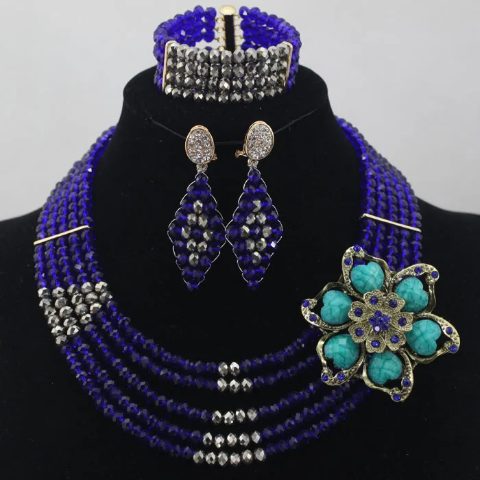 Mix of Royal Blue Crystal And Gray in Full Set Available Other Colors 5 Layers African Beads Jewelry Wholesale ALJ677 | Украшения и