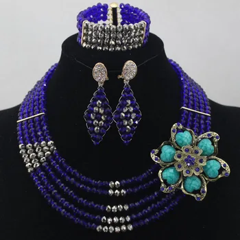 

Mix of Royal Blue Crystal And Gray in Full Set Available in Other Colors 5 Layers African Beads Jewelry Set Wholesale ALJ677