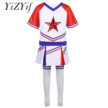 

YiZYiF Girls Cheerleader Cosplay Costume Stars Applique Tops T-shirt with Skirt and Socks Dancewear Halloween Carnival Party