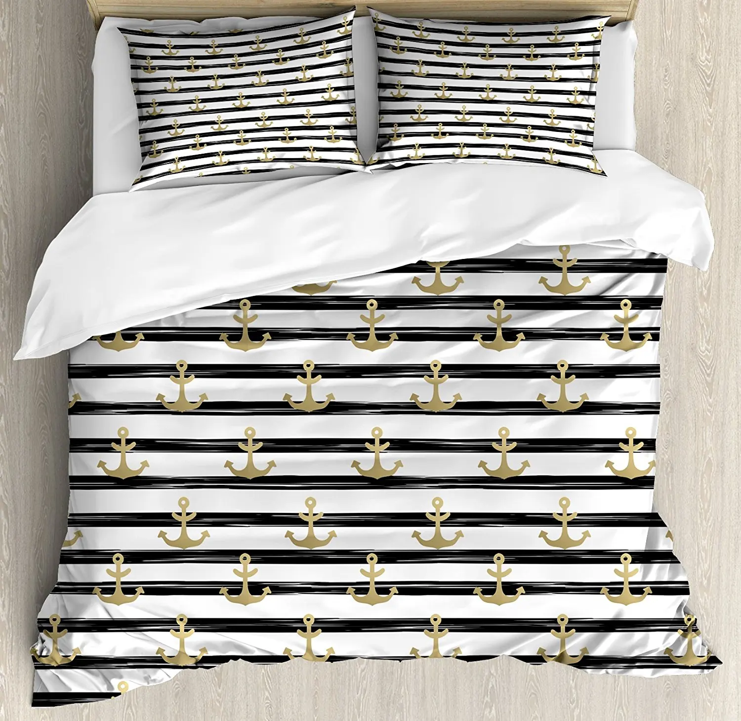 

Anchor Duvet Cover Set Horizontal Black Stripes Nautical Symbols Marine Theme Cruise Ocean Trip, Decorative 4 Piece Bedding Set