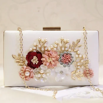 

2018 Fashion Flower Pearl Women Evening Bag Day Clutches Handmade PU Leather Bridal Clutch Bag Wedding Party Chain Shoulder Bag