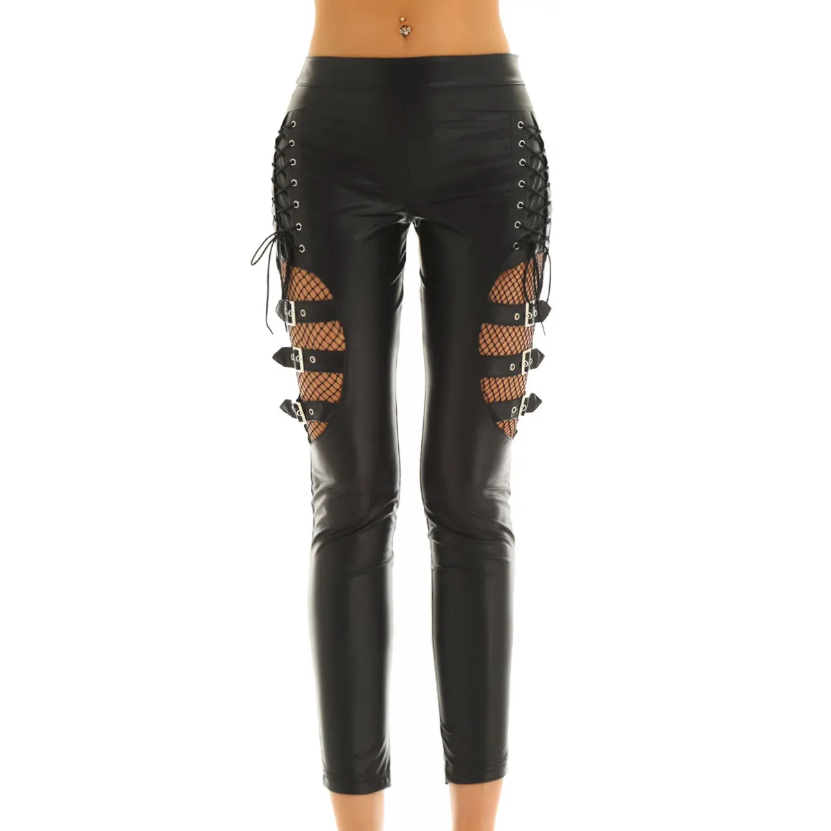 Tiaoчерепашки женские черные из искусственной кожи в сеточку пикантные брюки тонкие эластичные брюки в стиле панк готика Rave вечерние длинные штаны для ночного клуба - Цвет: Black