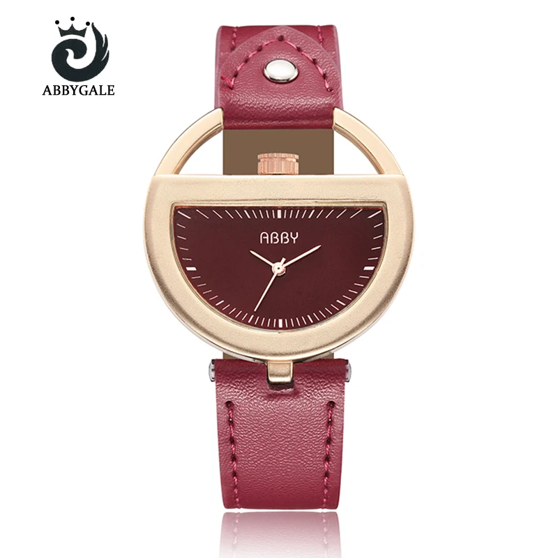 

Unique Hollow Women Watch Top Band Unique Semi Circle Fashion Red Rose Gold Ladies Watch With Leather Band Relogio Feminino