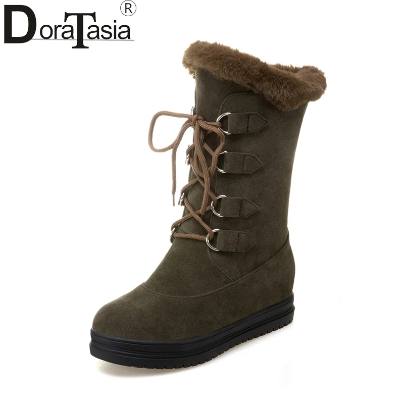 

DoraTasia Women Warm Winter Fur Shoes Woman Hidden Wedge Thick Platform Shoes Lace Up Mid-calf Snow Boots large sizes 34-43