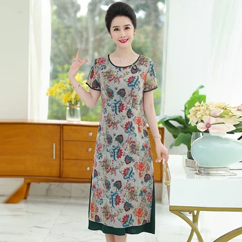 

High Quality Women Silk Dress Summer 2019 Lady Vintage Printing Long Dress Elegant Floral Silk Dress Short Sleeve