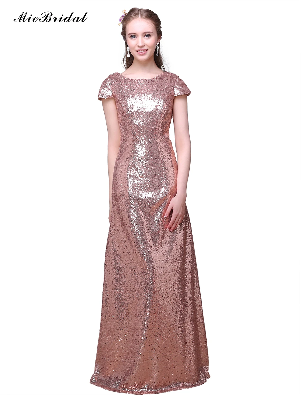 MicBridal Long Rose Gold Sequin Bridesmaid Dress 2016 Vestido Longo MZ