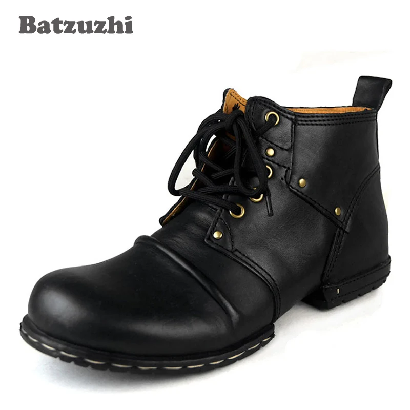 Batzuzhi Handmade Genuine Cow Leather Men's Boots Laceup Winter Ankle