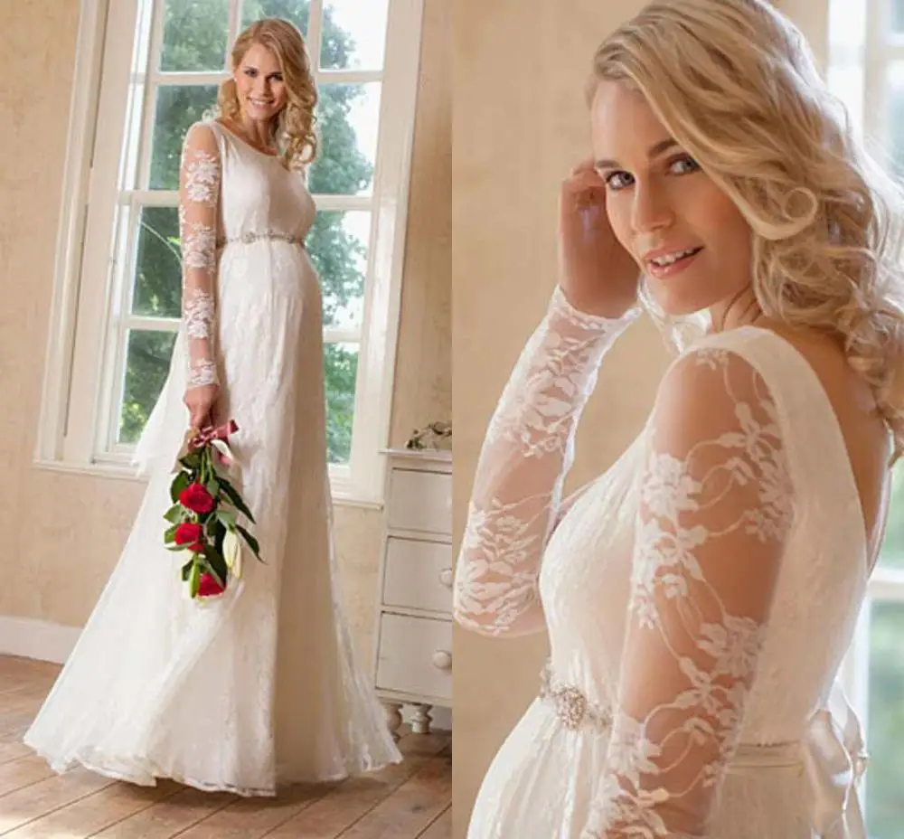 Pregnant Women Wedding Dresses A line Scoop Long Illusion Sleeve