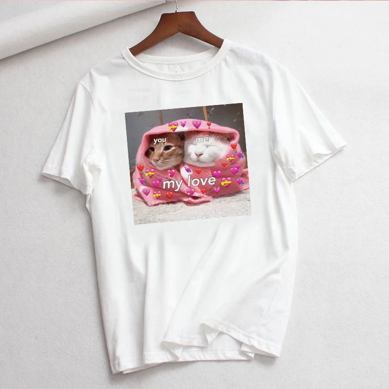 Милый корейский ulzzang cat love heart dog print, новые летние топы с короткими рукавами, футболки, повседневные свободные, большие размеры, парная футболка