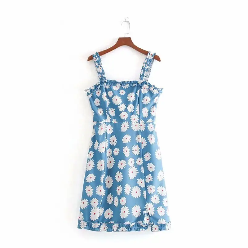 

Summer Women Sling Slash Neck Dress Women Printed Small Daisy Sleeveless Dress A-Line Slim Mid-Calf Female Beach Sundress