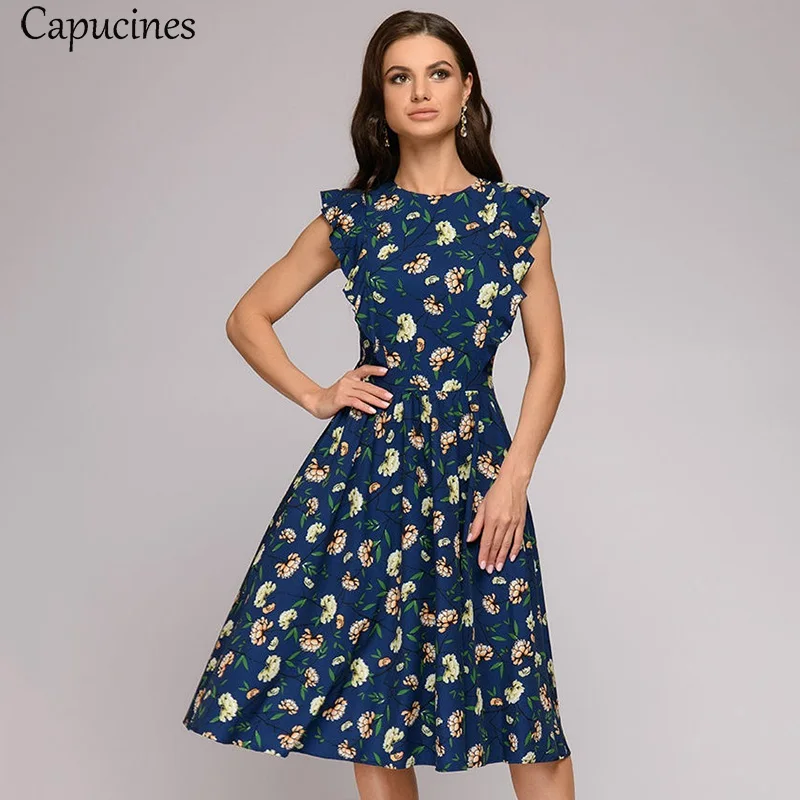 Capucines Summer Boho Floral Print Ruffle Trim A-Line Dress Women Cap Sleeve O-Neck Casual Dress Ladies Office Work Wear