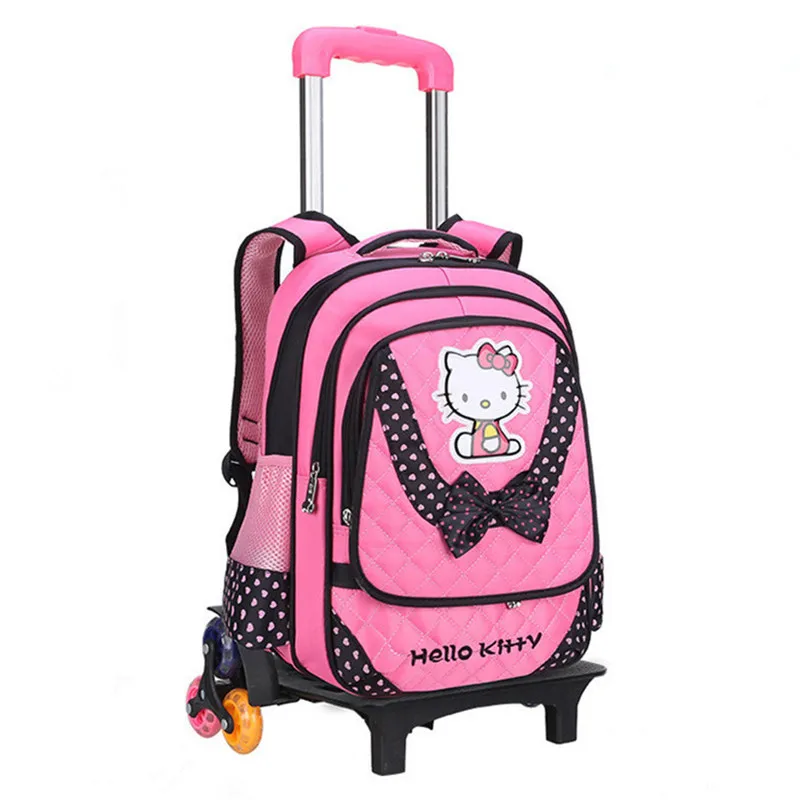 Hello Kitty Children School Bags Mochilas Kids Backpacks With 2/3 Wheels Trolley Luggage For