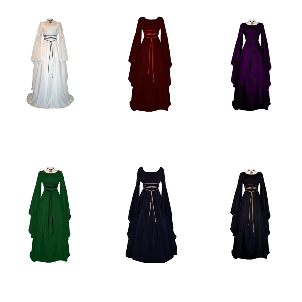 Женские вечерние платья с длинным рукавом и круглым вырезом, Платье макси с поясом, костюм для косплея на Хэллоуин