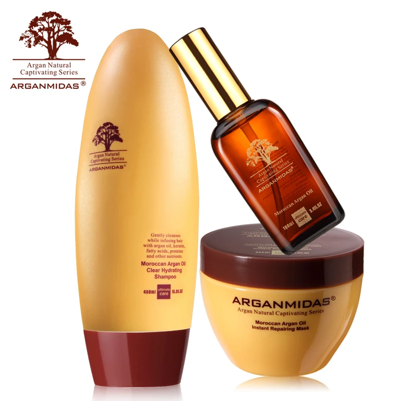 Arganmidas 3pcs Different Kinds of Argan Oil 450ml Hair Shampoo +100ml Hair Oil +300ml Hair Mask Best Hair Salon Products Free