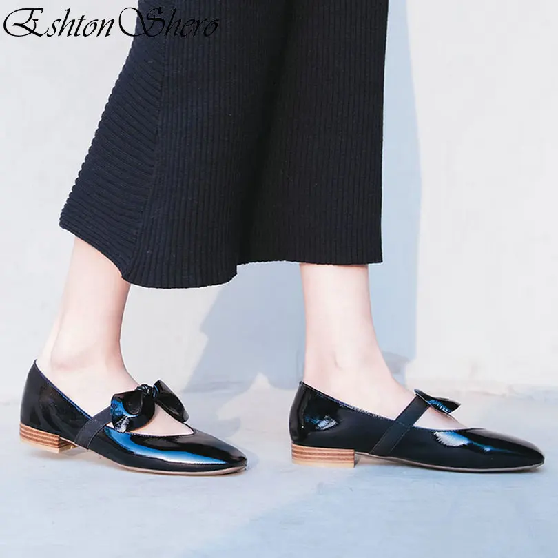 

EshtonShero Women's Shoes Woman Pumps Patent Leather+PU Low Heels Slip On Mules Butterfly-Knot Ladies Wedding Shoes Size 3-9