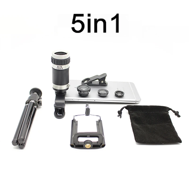 5in1 8X Zoom Phone Telescope Camera Lens Tripod Clips 3in1 Lentes Fish eye Wide Angle Macro
