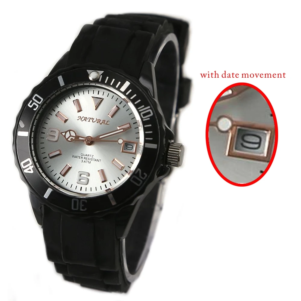 

Luxury Brand Unisex Analog Quartz Round Watch Japan Miyota Date Movement Black Soft Silicone Strap Light Gray Dial