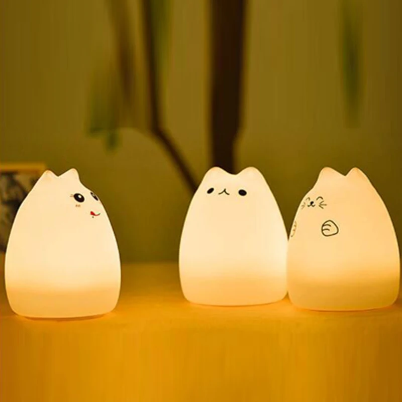 LED USB Children Animal Night Light Silicone Soft Cartoon Baby Nursery Light Lamp Breathing LED Night Light  7 Colors Cat  (7)