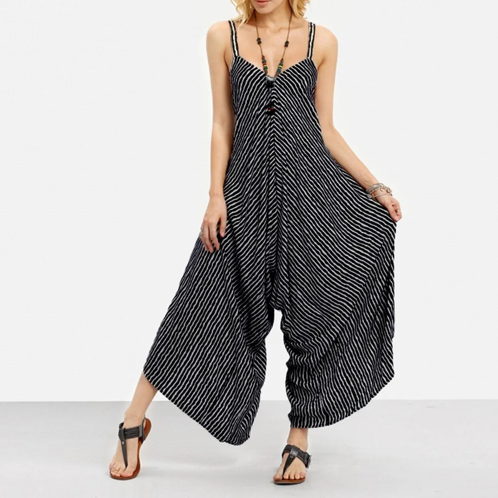 

High Street Loose Casual Women Strappy V Neck Bandage off shoulder Vintage Playsuit beach Party Clubwear Jumpsuit overalls#ss