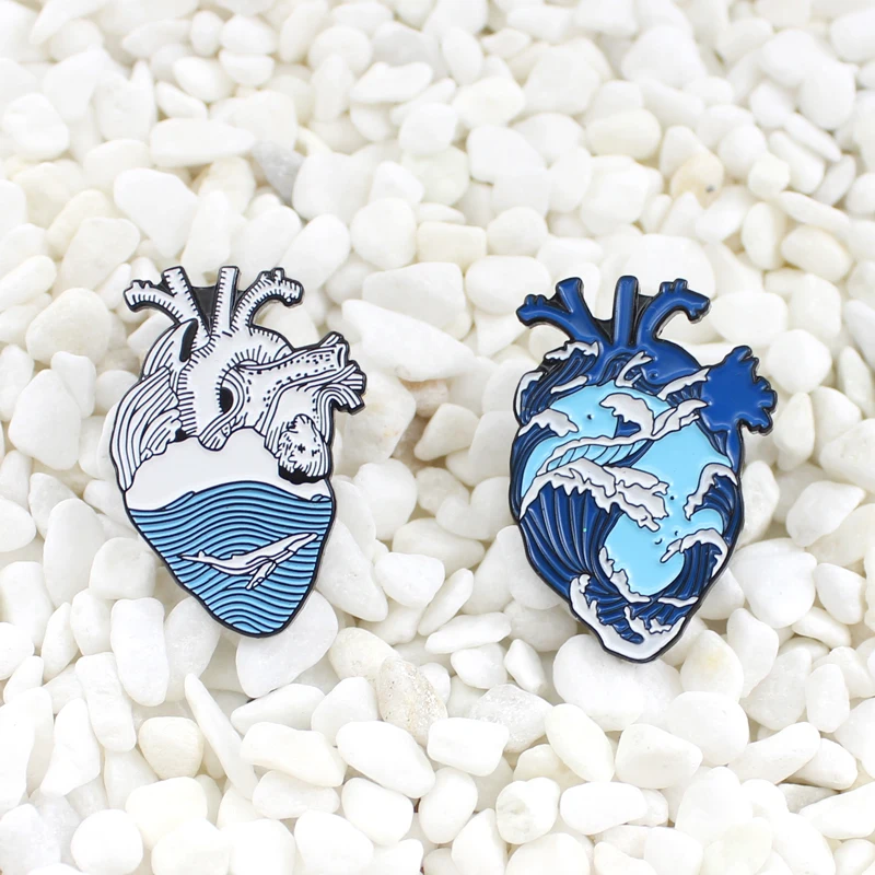 

Azure sea Tumbling waves roam shark Forming a Heart shape Metal brooch Creative bold personality badge Denim leather pin