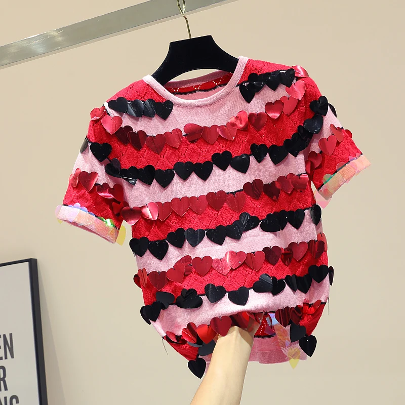 

Short Sleeve Sweater Shirt Women Spring 2019 New Color Matching Hollow-out Jacquard Sweater Female Love Sequins Knitted Shirts
