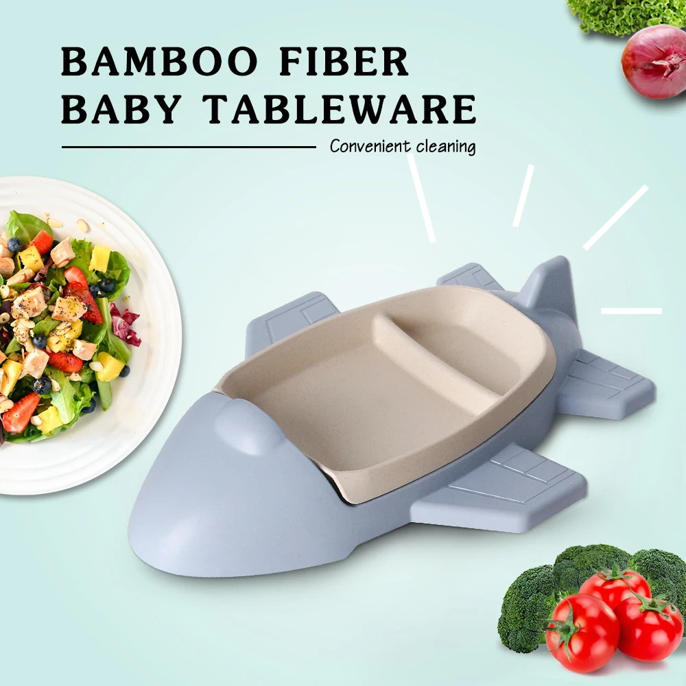 

GZZT Kids Tableware Sets Dishes Bamboo Fiber Blue Cartoon Aircraft Shape Dinnerware Bowl Children Kid Rice Feeding Tray